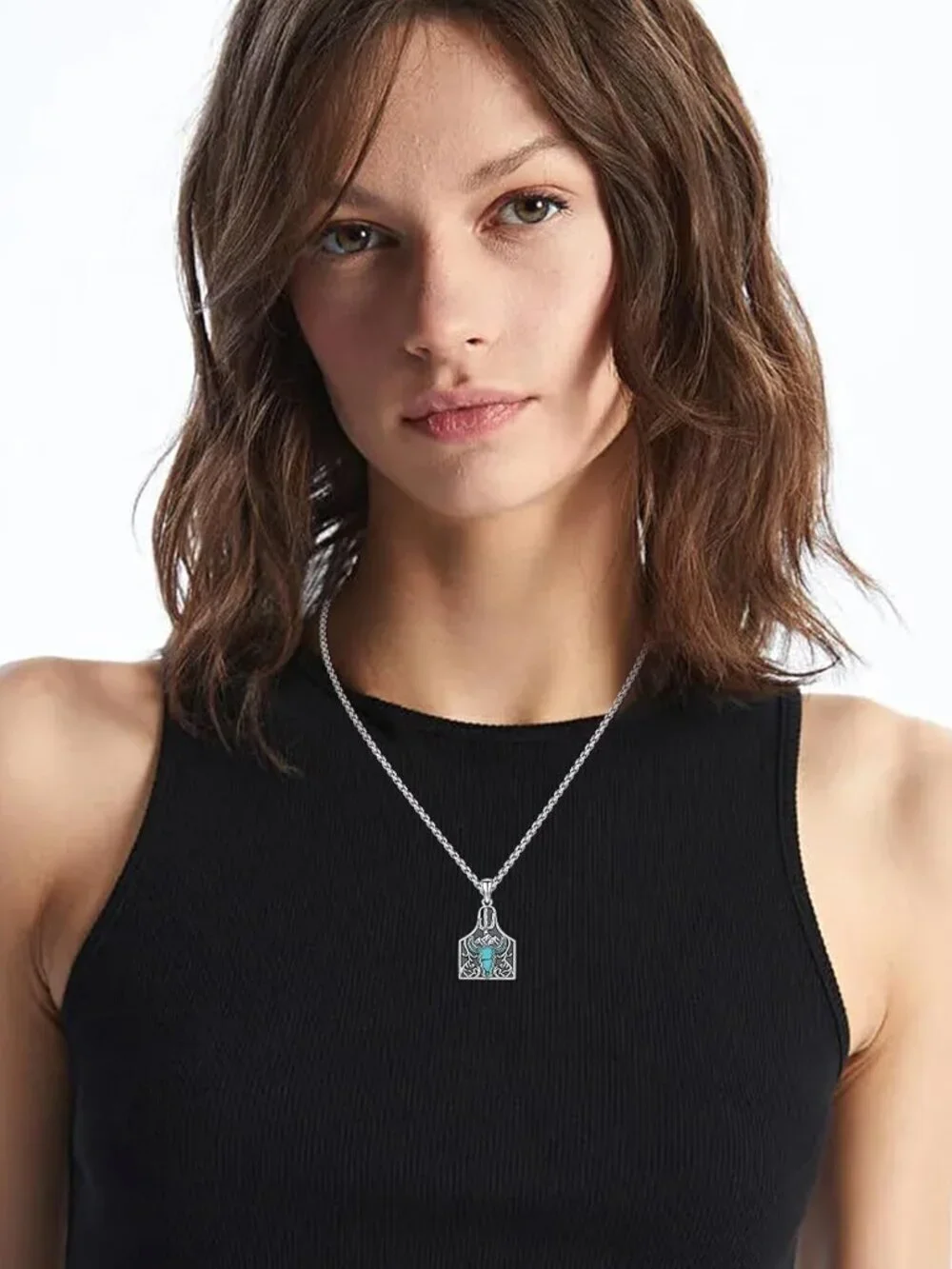 Women's Cow Tag Sterling Turquoise Pendant Highland Cow Skull Western Necklace